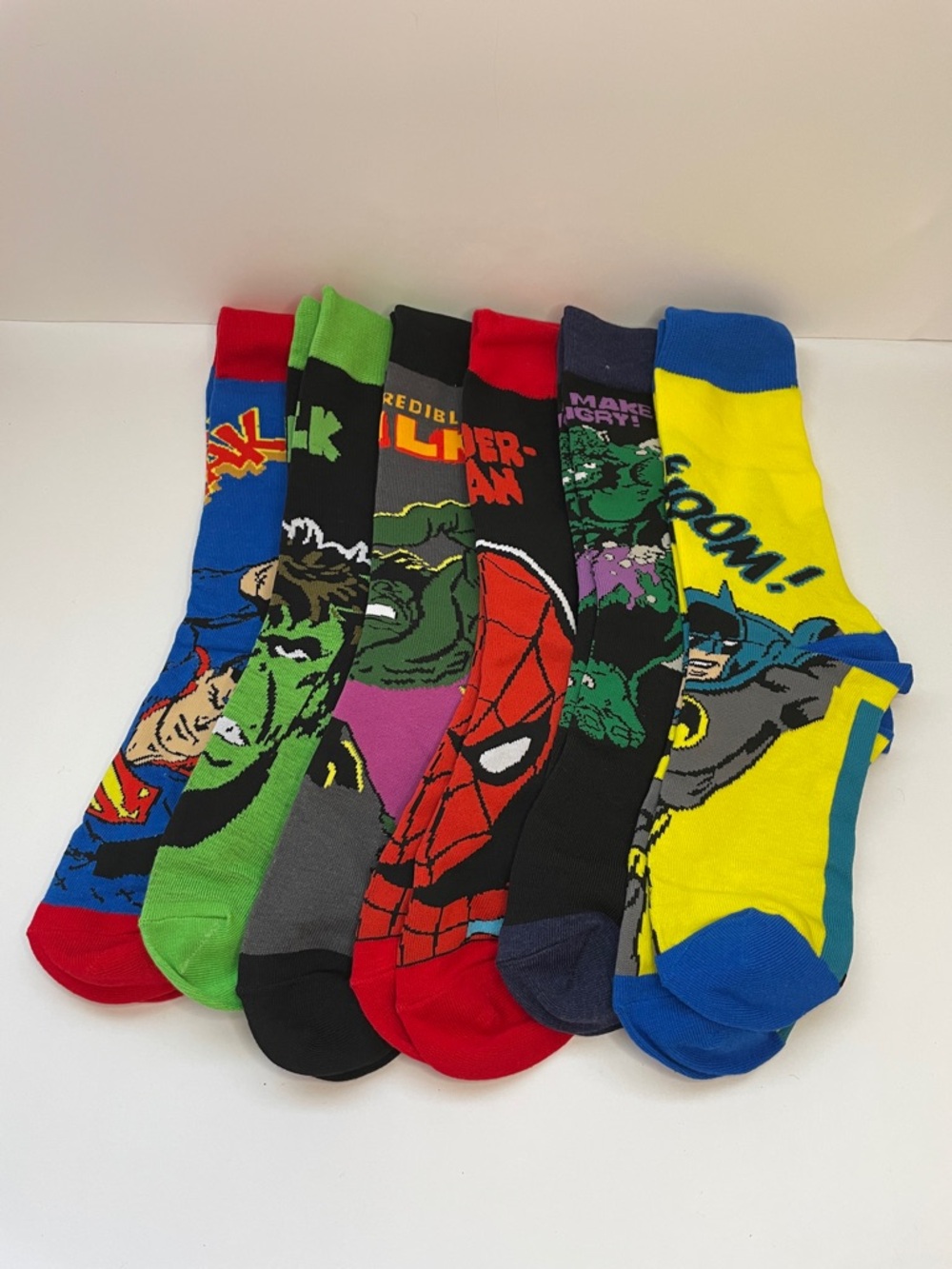 NIB Men's Superhero Pattern Crew Socks - Multi-Color Pack.  Size 8-13 shoe size.